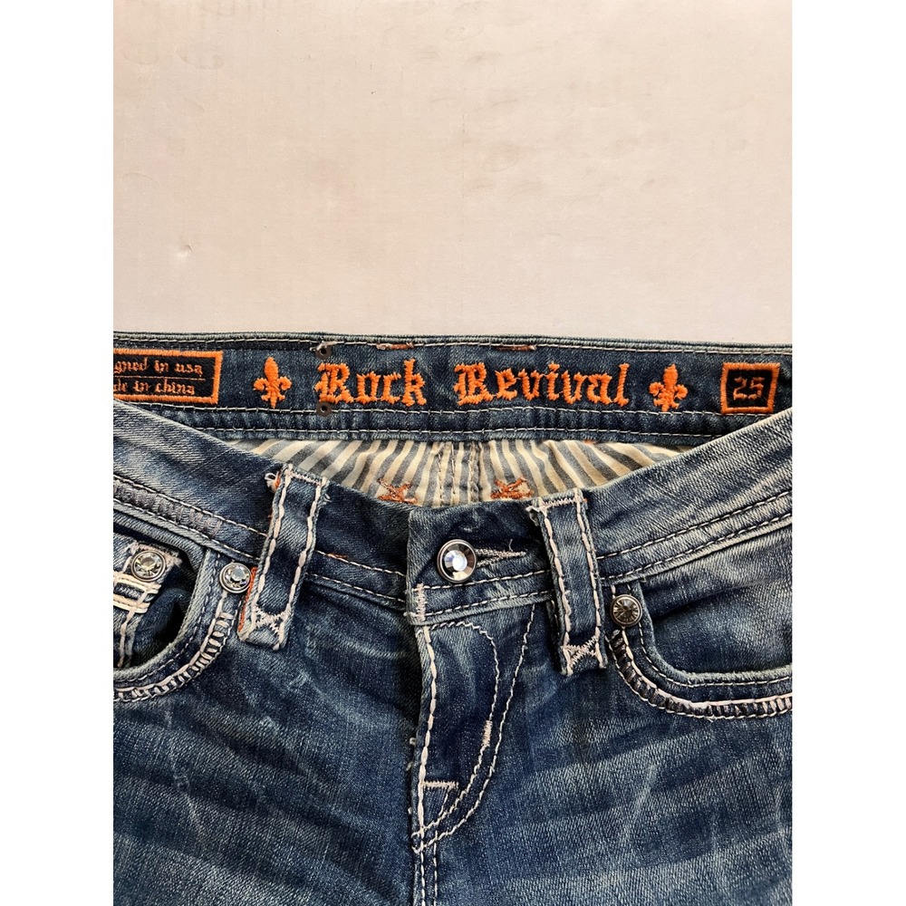 Rock Revival 3011 Bootcut Jeans Blue Distressed Embroidered Flap Pocket Size 25 - Picture 2 of 10